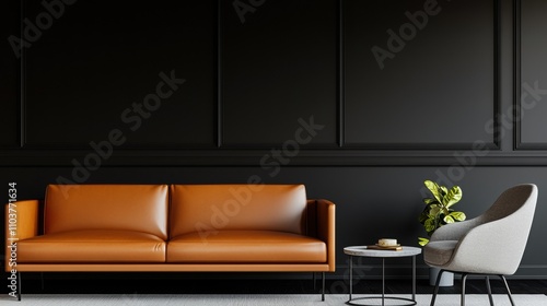 Cureved sofas and armchair. Curved leather sofa in modern black room with cozy atmosphere photo