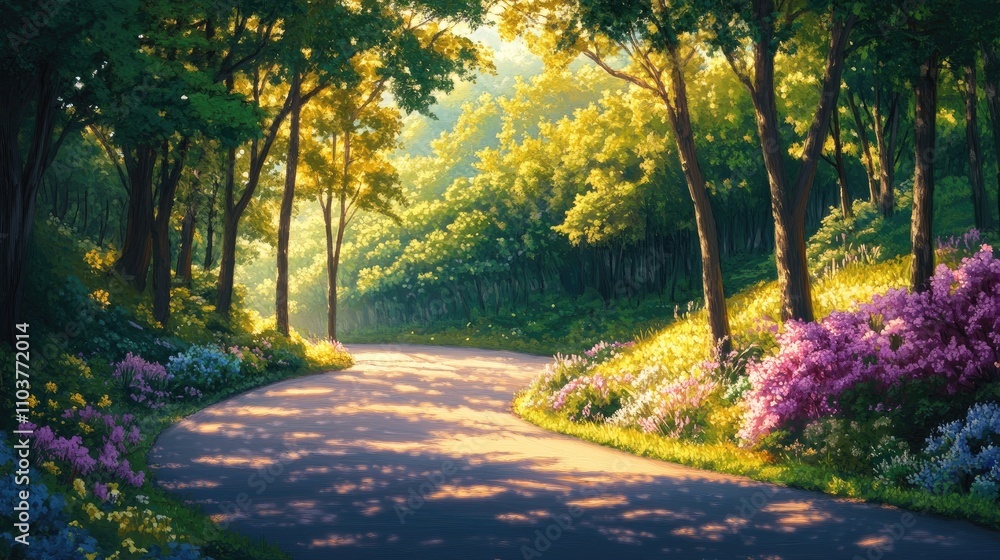A serene summer landscape showcasing a winding asphalt road embraced by a lush, colorful forest, perfect for a tranquil outdoor escape. A serene summer landscape showcasing a winding asphalt road embraced by a lush, colorful forest, perfect for a tranquil outdoor escape.