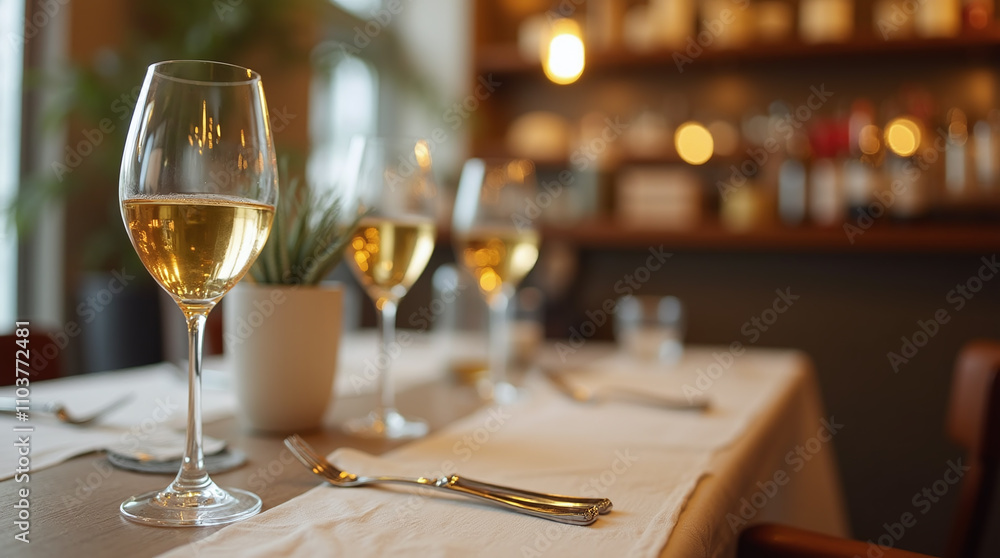Served Table with Tableware and Silverware and Glasses of White Wine, Elegant Restaurant Atmosphere, Party Served Table with Tableware and Silverware and Glasses of White Wine, Elegant Restaurant Atmosphere, Party
