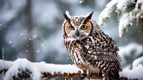 A regal owl with piercing yellow eyes sits on a snow-covered branch, surrounded by a serene, snowy forest. Captures the essence of wildlife and winter. Ideal for nature and seasonal projects. photo