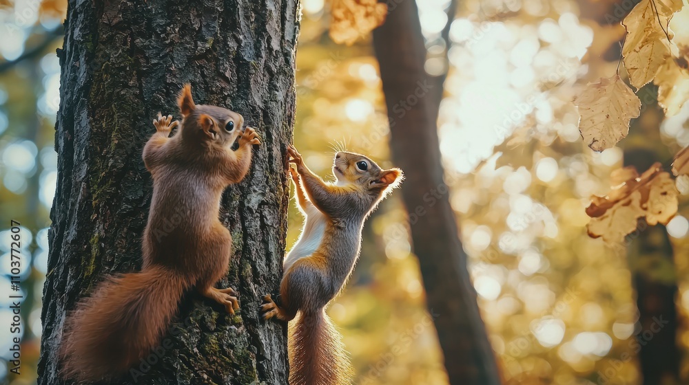 Two Playful Squirrels Climbing a Tree in Golden Autumn Light Two Playful Squirrels Climbing a Tree in Golden Autumn Light