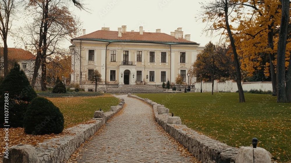 Autumnal mansion with pathway. Autumnal mansion with pathway.