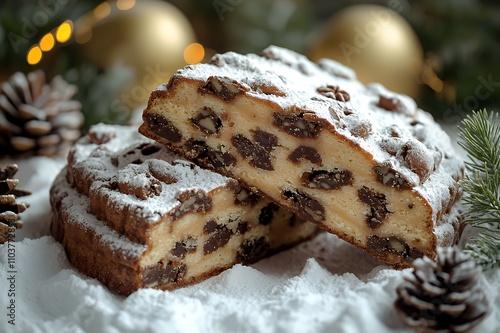 A festive dessert featuring a sliced cake dusted with powdered sugar and studded with chocolate.