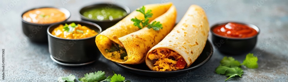 Dosa Arranged with Variety of Chutneys on a Rustic Table Indian food cuisine Dosa Arranged with Variety of Chutneys on a Rustic Table Indian food cuisine