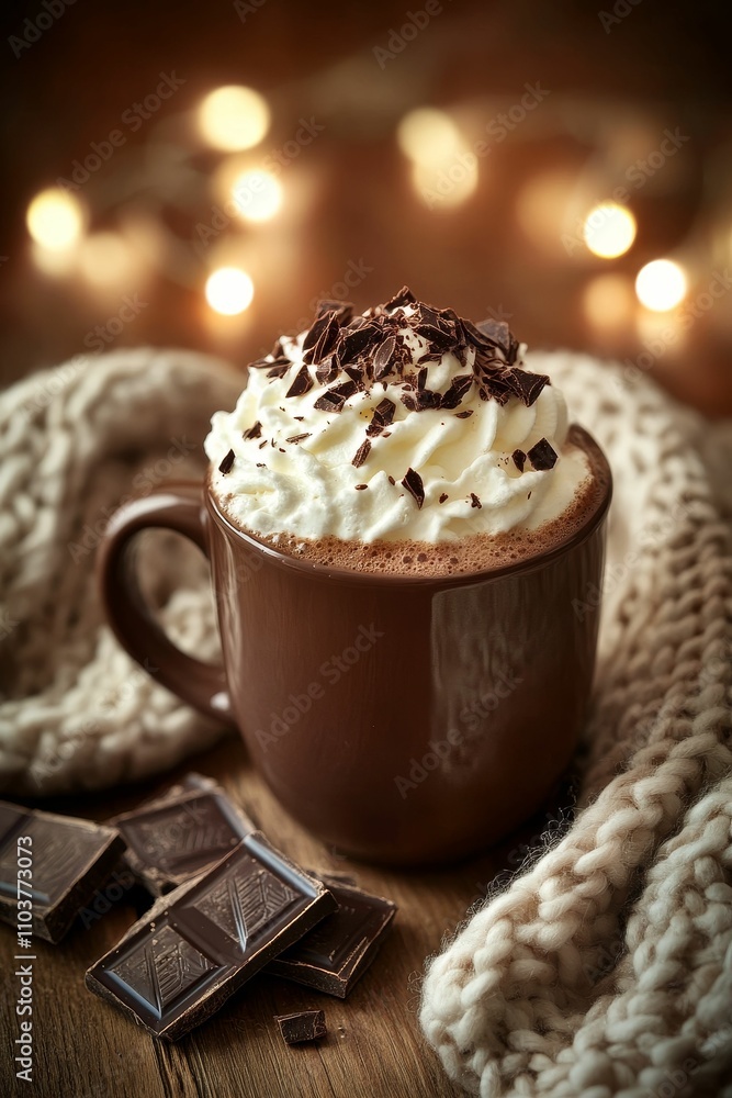 Hot chocolate, whipped cream, chocolate shavings, cozy. Hot chocolate, whipped cream, chocolate shavings, cozy.