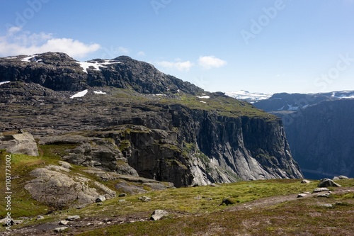 Landscape with trail to Trolltunga, Norway, Ringedalsvatnet lake in background