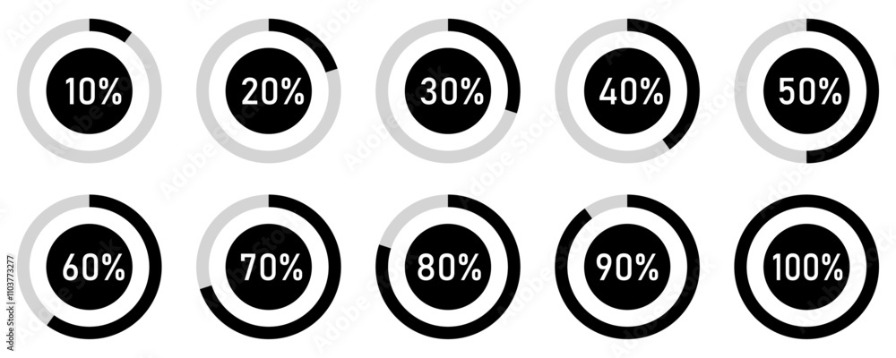Battery charging indicator in circle with 10% 20% 30% 40% 50% 70% 90% and 100% vector icon set for mobile interface design on white background. Battery indicator symbols. 10-100 percent.batery icons. Battery charging indicator in circle with 10% 20% 30% 40% 50% 70% 90% and 100% vector icon set for mobile interface design on white background. Battery indicator symbols. 10-100 percent.batery icons.