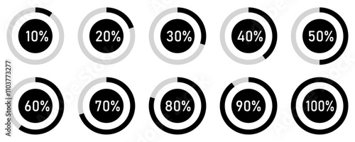 Battery charging indicator in circle with 10% 20% 30% 40% 50% 70% 90% and 100% vector icon set for mobile interface design on white background. Battery indicator symbols. 10-100 percent.batery icons.