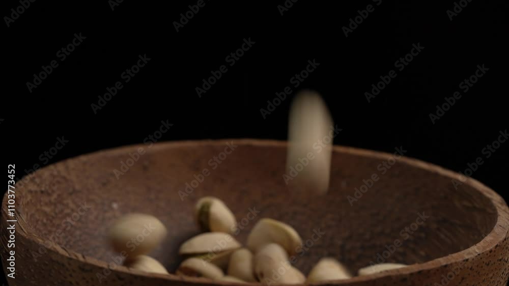 Tasty unpeeled pistachios nuts fall into the bowl on a black background, slow motion, close up. Pile pistachio kernels nuts with shells Tasty unpeeled pistachios nuts fall into the bowl on a black background, slow motion, close up. Pile pistachio kernels nuts with shells