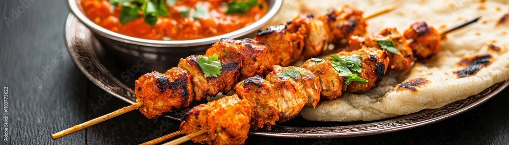 Vibrant Tandoori Skewers with Fluffy Bread and Delicious Sauce Indian food cuisine Vibrant Tandoori Skewers with Fluffy Bread and Delicious Sauce Indian food cuisine