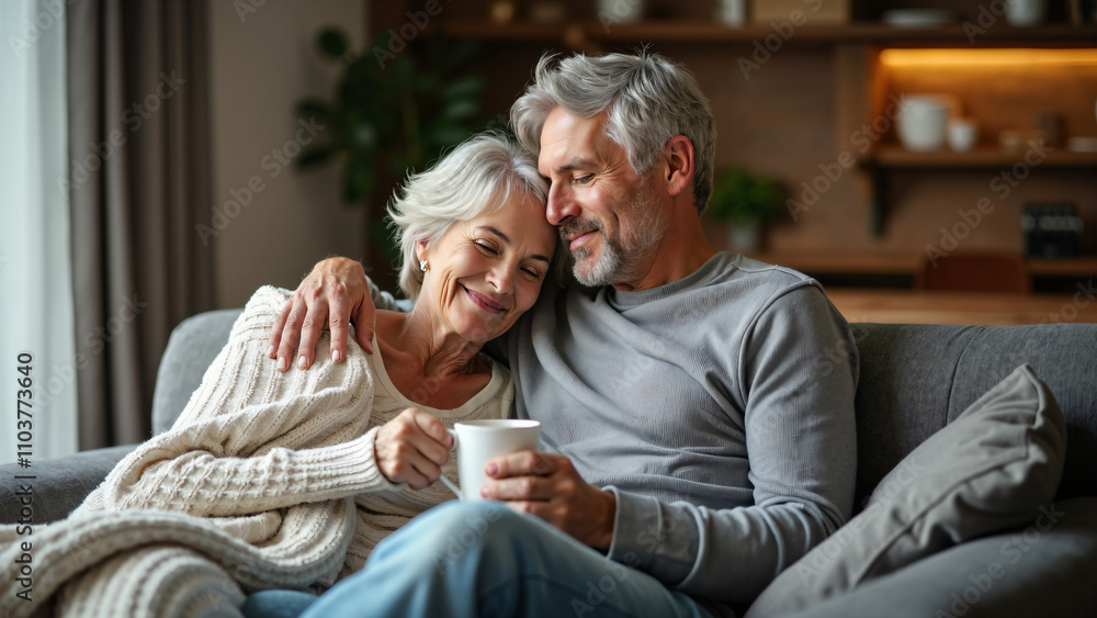 Mature couple cuddling on sofa with blanket and coffee: Cozy home scene for relationship ads or lifestyle content Mature couple cuddling on sofa with blanket and coffee: Cozy home scene for relationship ads or lifestyle content