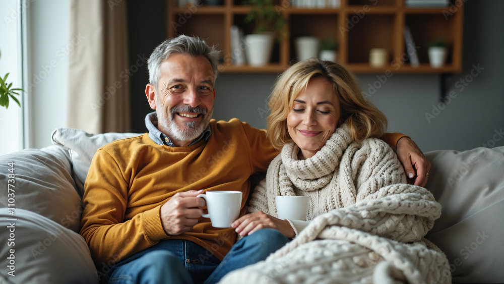 Mature couple cuddling on sofa with blanket and coffee: Cozy home scene for relationship ads or lifestyle content Mature couple cuddling on sofa with blanket and coffee: Cozy home scene for relationship ads or lifestyle content