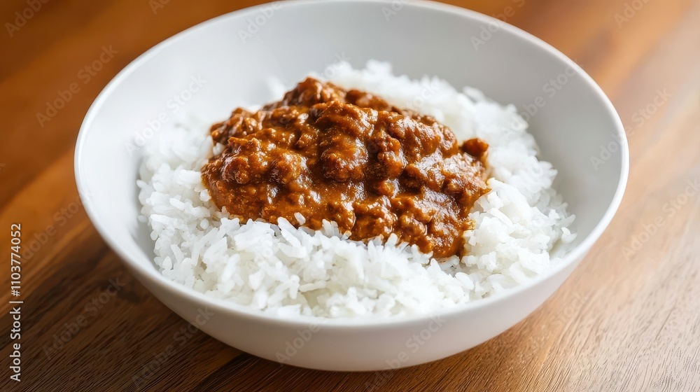 Delicious Bowl of Steamed White Rice Topped with Savory Curry Sauce Indian food cuisine Delicious Bowl of Steamed White Rice Topped with Savory Curry Sauce Indian food cuisine