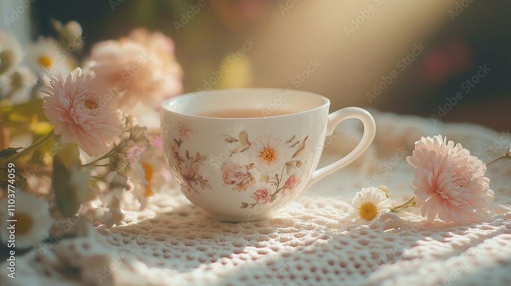 Delicate white teacup with floral design on a crocheted tablecloth, surrounded by soft flowers, bathed in warm sunlight from the background. Delicate white teacup with floral design on a crocheted tablecloth, surrounded by soft flowers, bathed in warm sunlight from the background.