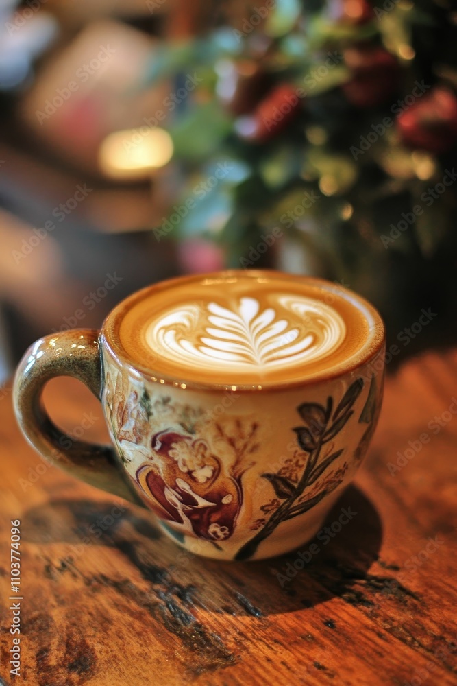 Latte art in patterned mug on wood. Latte art in patterned mug on wood.