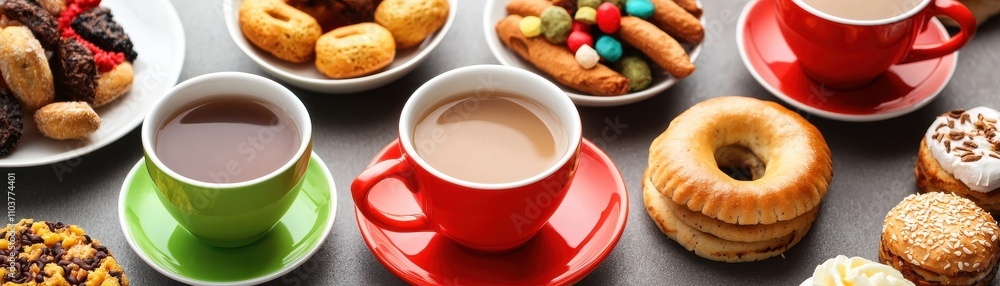 Colorful Coffee Cups Surrounded by Delicious Sweets and Treats Indian food cuisine Colorful Coffee Cups Surrounded by Delicious Sweets and Treats Indian food cuisine