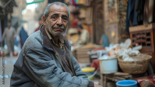 a mid 30 egyptian man, sitting in the street