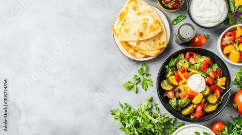 Fresh Colorful Mediterranean Salad Served with Bread and Dips Indian food cuisine