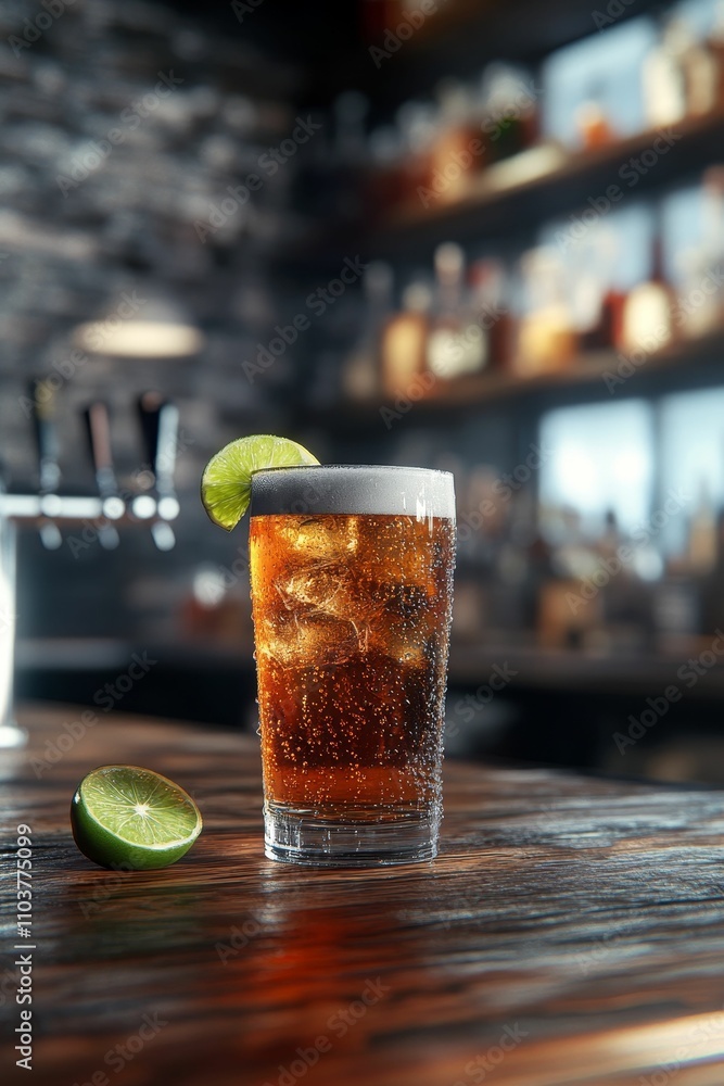 Iced drink, lime wedge, bar setting.