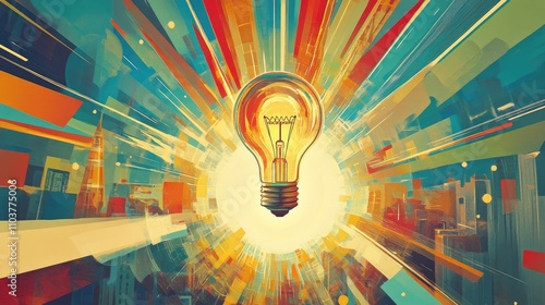 Dynamic illustration of a glowing light bulb launching like a rocket, surrounded by colorful abstract elements symbolizing business innovation and planning. photo