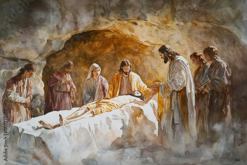 A dramatic watercolor of Jesus raising Lazarus from the dead. The illustration uses earthy browns, soft whites, and radiant gold to highlight the miracleâ€™s divine power.
