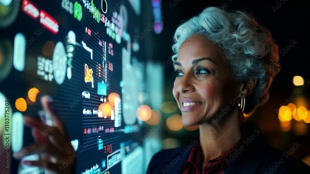 Confident senior woman interacting with a futuristic digital interface in a dimly lit, high-tech environment