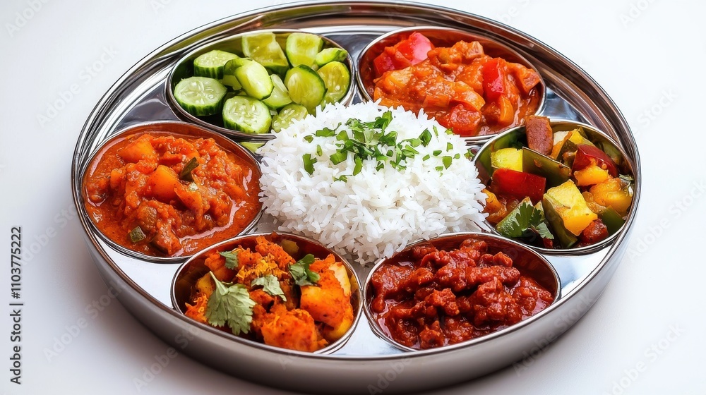 Colorful Indian Thali with Rice and Variety of Dishes on Plate Indian food cuisine Colorful Indian Thali with Rice and Variety of Dishes on Plate Indian food cuisine