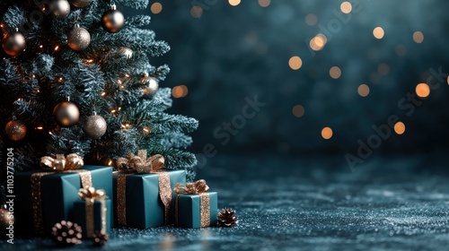 Luxury christmas background with christmas tree with gift boxes, ads banner, luxury christmas greeting card.