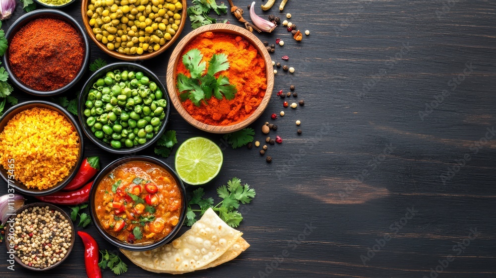 Colorful Variety of Spices and Vegetables on Dark Wooden Table Indian food cuisine Colorful Variety of Spices and Vegetables on Dark Wooden Table Indian food cuisine