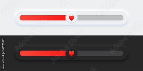Progress bar of love, relationship meter in black and white bar. Gauge with level good emotion in Valentine day, 3D neumorphic style design for website, app Vector illustration.