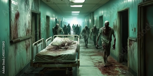 Horror scene of a hospital, with a hospital bed, zombies down the entire hallway, dilapidated looking hallway photo