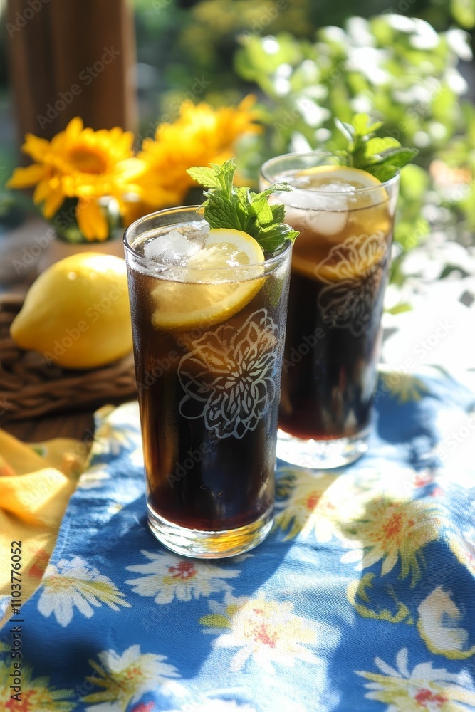 Two iced drinks, lemon, mint, sunny patio. Two iced drinks, lemon, mint, sunny patio.