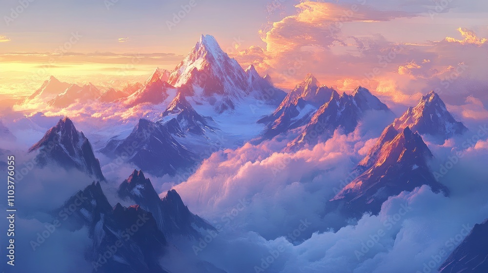 Majestic mountains rise above a soft layer of clouds, bathed in the warm glow of the morning sun, creating a tranquil and serene landscape.