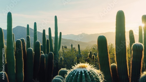 Majestic Saguaro Cactus Forest at Sunset in Desert Landscape