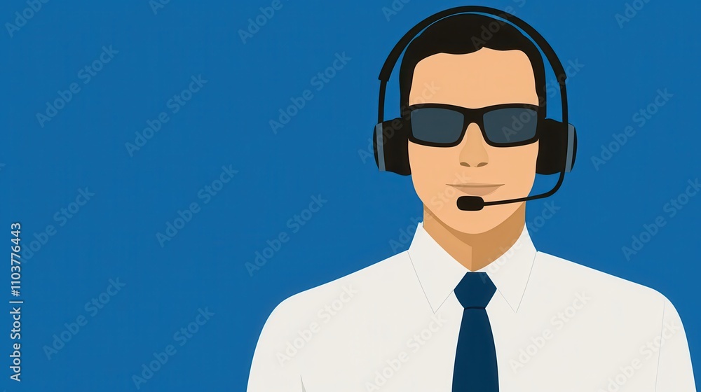 Professional Customer Support Agent Wearing Headset and Sunglasses Against a Blue Background Providing Assistance and Building Communication for Businesses Professional Customer Support Agent Wearing Headset and Sunglasses Against a Blue Background Providing Assistance and Building Communication for Businesses