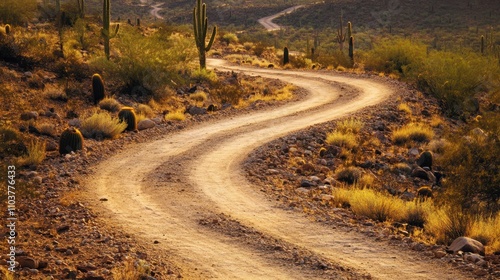 Sunset Glow Illuminating Winding Desert Road Surrounded by Cacti