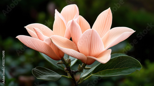 Close-up of pale pink magnolia flowers in full bloom with blurred dark green foliage background creating a vibrant contrast in a natural outdoor setting.