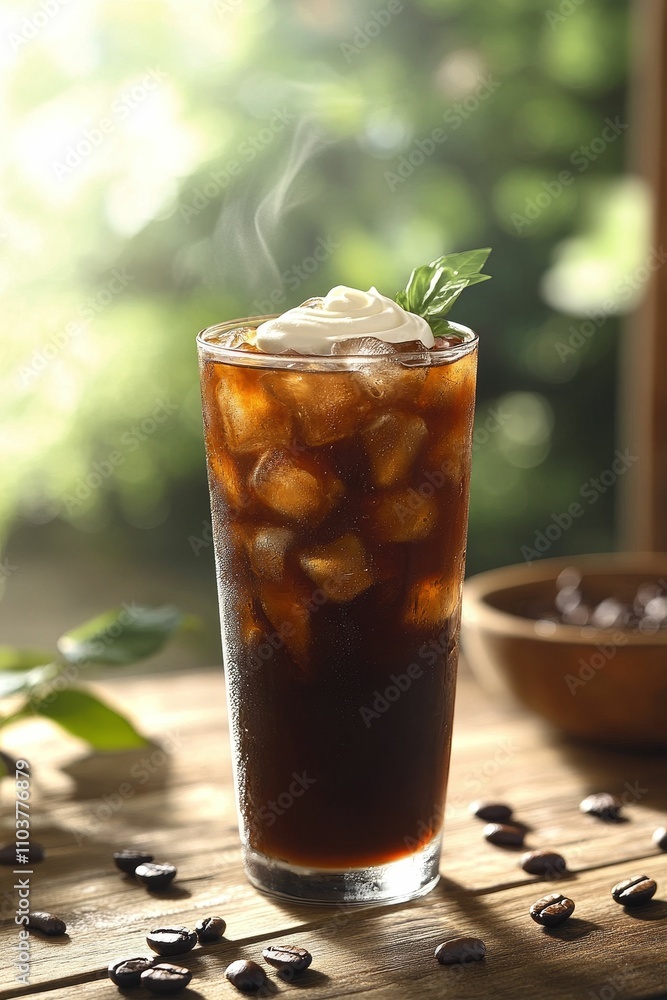 Iced coffee, cream, basil, coffee beans. Iced coffee, cream, basil, coffee beans.