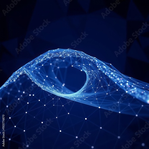 Abstract digital wave, blue and white glowing lines, network and connections, futuristic technology, low poly, dark blue background, ethereal and sleek design, high detail, digital art.
 photo