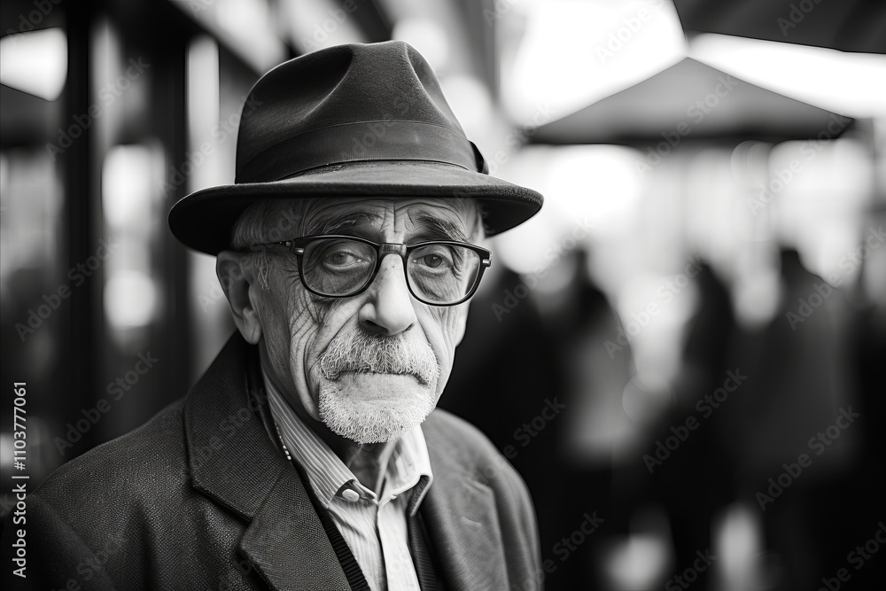 Portrait of an old man with hat and glasses. Black and white. Portrait of an old man with hat and glasses. Black and white.