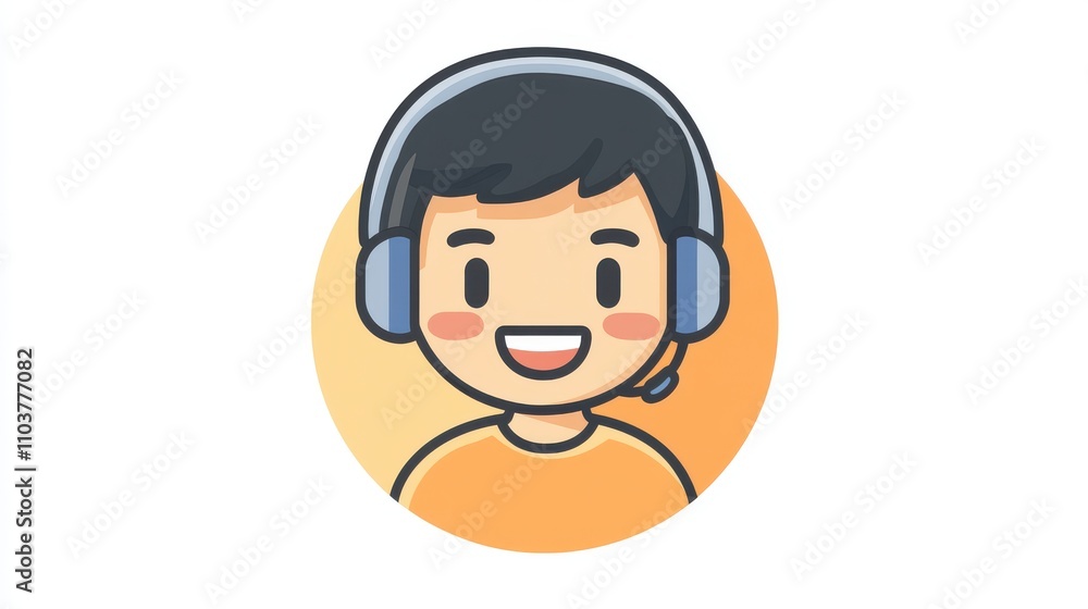 Fototapeta premium Cheerful Cartoon Character Wearing Headset, Representing Customer Support, Communication, and Friendly Assistance in Digital Environment