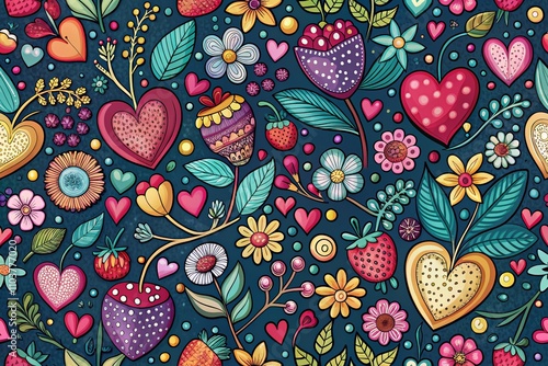 Romantic Floral Pattern with Hearts and Berries for Valentine's Day, Weddings, and Mother's Day Celebrations - Perfect Background for Love-themed Projects