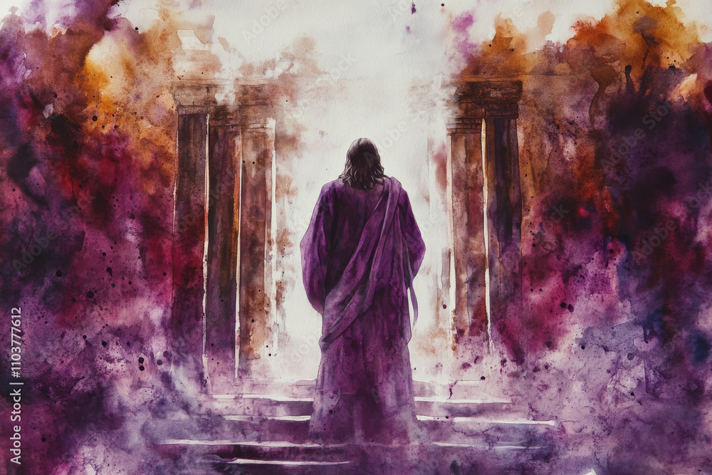 Fototapeta premium A powerful watercolor of Jesus standing in front of a temple, cleansing it. The scene uses dark browns, purples, and bright whites to represent cleansing, strength, and justice.