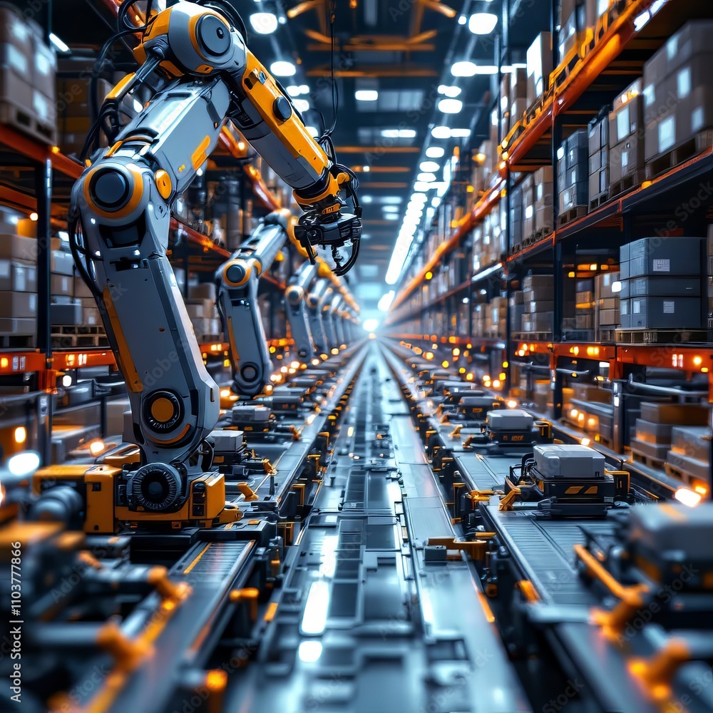 Automated warehouse system, tilt-shift perspective, close-up. Automated warehouse system, tilt-shift perspective, close-up.