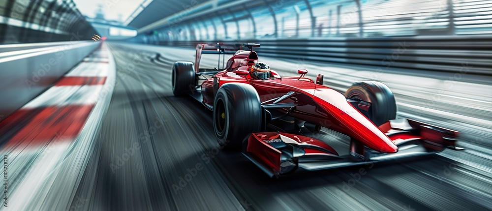 Naklejka premium Dynamic Shot of Race Car Speeding on Track: Perfect for Automotive, Sports, and Ad Designs
