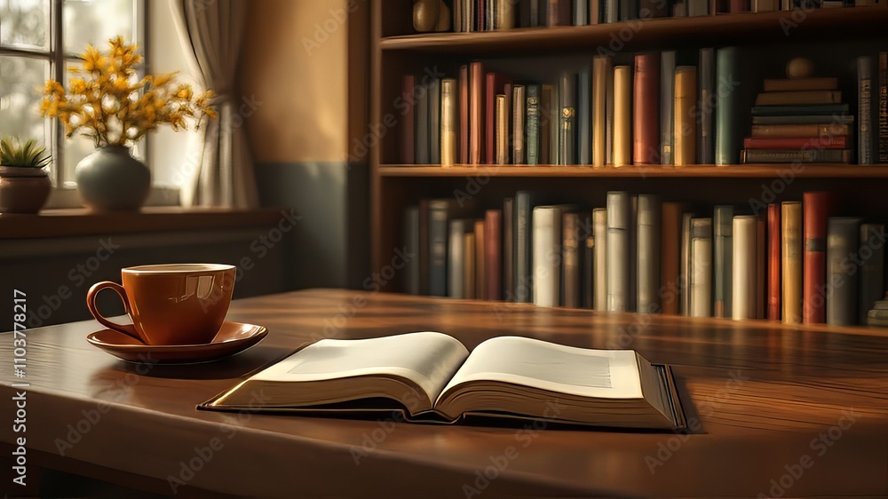 Bare tables, a single book. Coffee brews, simple cafe scene. Bare tables, a single book. Coffee brews, simple cafe scene.
