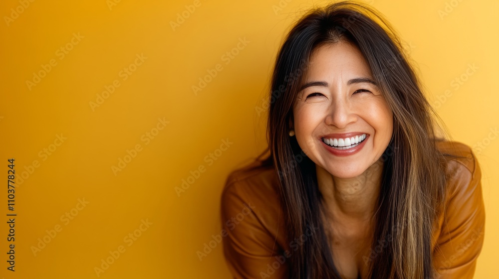 A half-body portrait of a cheerful of asian woman smiling brightly. A half-body portrait of a cheerful of asian woman smiling brightly.