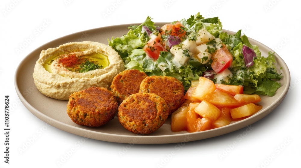 A plate featuring hummus, falafel, salad, and fruit. A plate featuring hummus, falafel, salad, and fruit.
