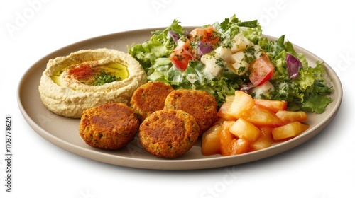 A plate featuring hummus, falafel, salad, and fruit.