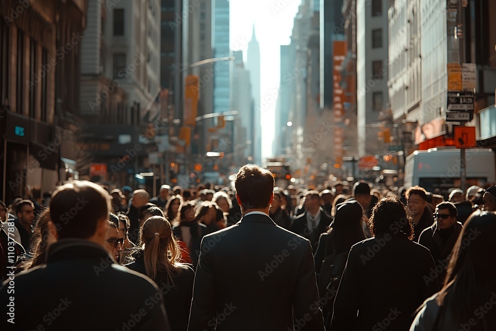 Back View Businessman NYC Street Level Sunlight Crowd Back View Businessman NYC Street Level Sunlight Crowd